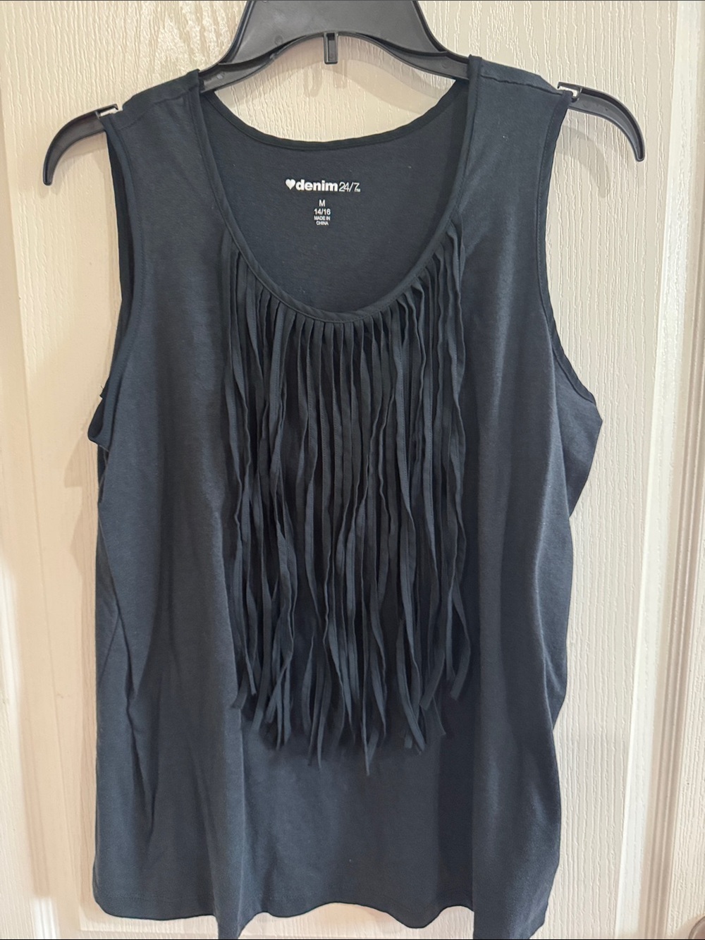 Denim 24/7 Black Sleeveless Fringe Front Tank